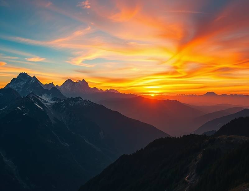 A breathtaking landscape photograph featuring mountains and a vibrant sunset.
