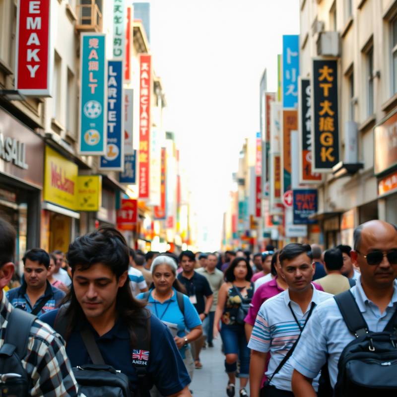 A candid street photograph capturing a bustling city scene with vibrant colors and dynamic movement.