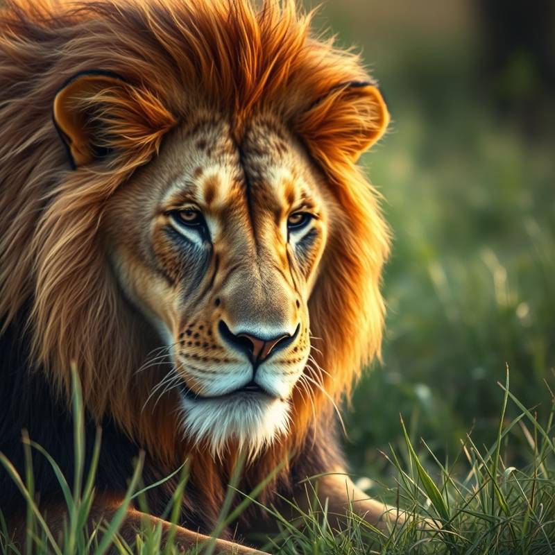 A close-up photograph of a majestic lion in its natural habitat.