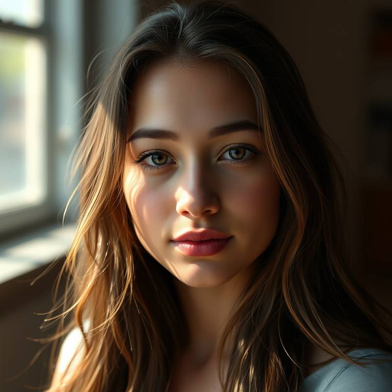 A striking portrait of a young woman with natural light highlighting her features.